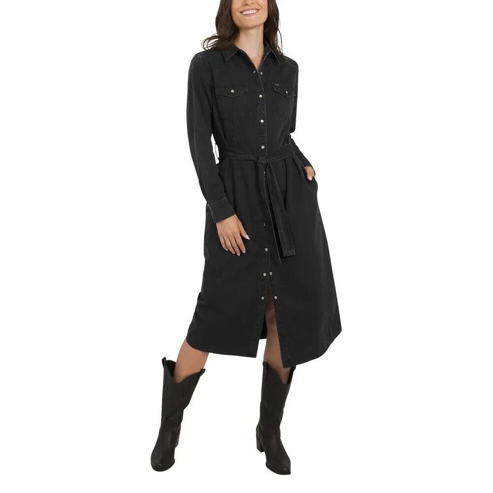 Wrangler Belted Denim Midi Dress Black 100% Cotton Button Front Women’s Large - Picture 5 of 7
